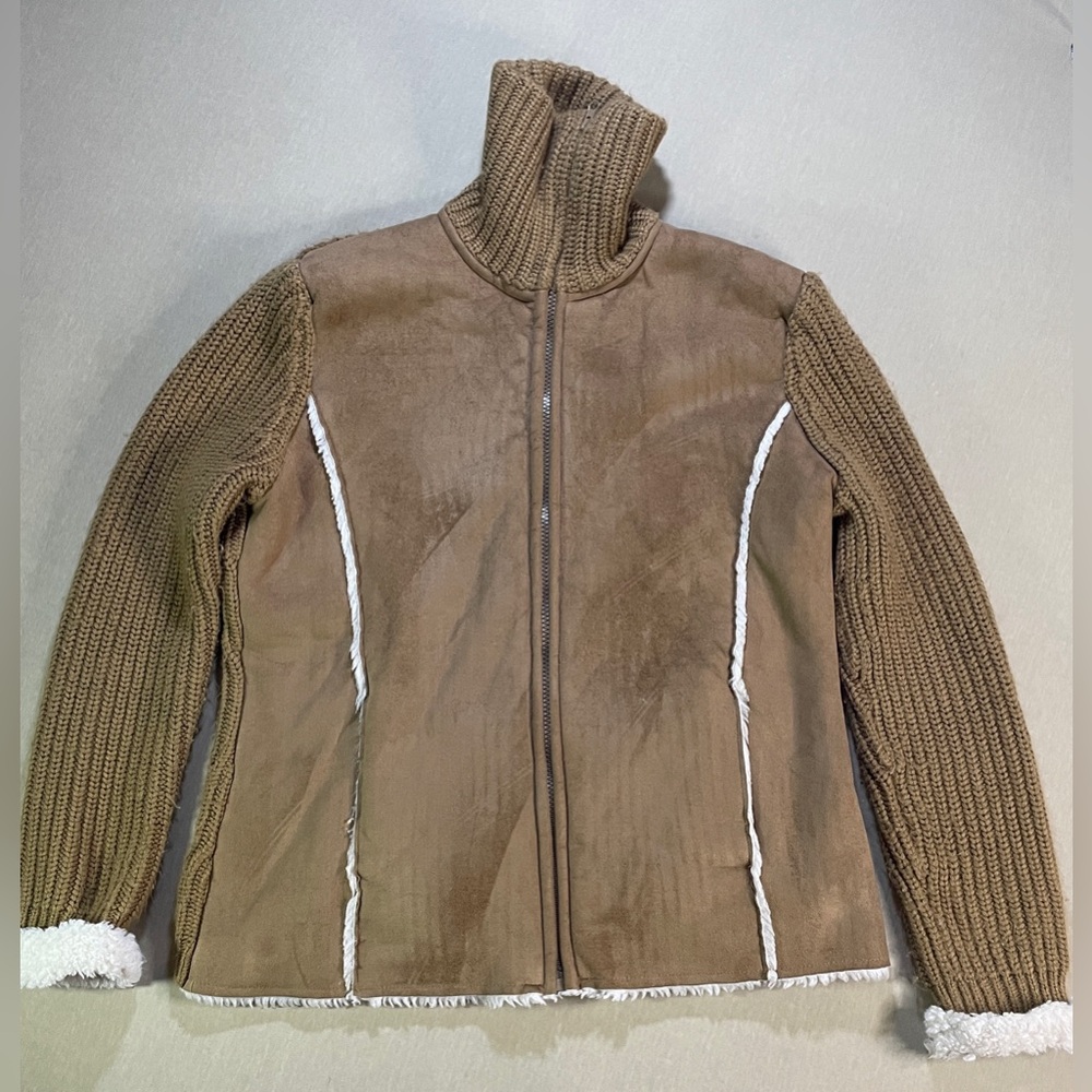 Cozy Brown Teddy Jacket with Knit Sleeves